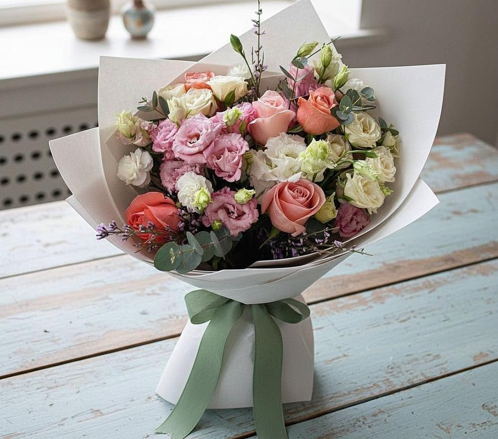 Букет цветов из: Розы, Лизиантусы и Гвоздики в Шагонаре